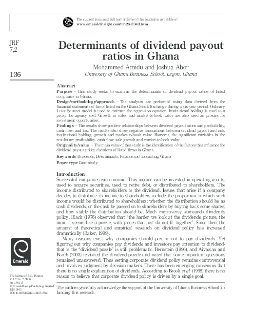 Pdf Determinants Of Dividend Payout Ratios In Ghana Pdf Determinants Of Dividend Payout Ratios In Ghana