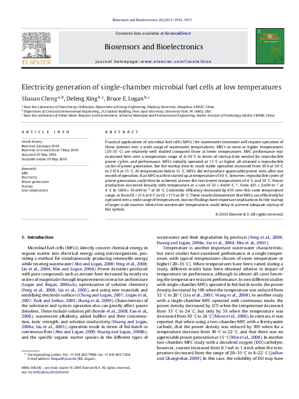 (PDF) Electricity generation of singlechamber microbial fuel cells at