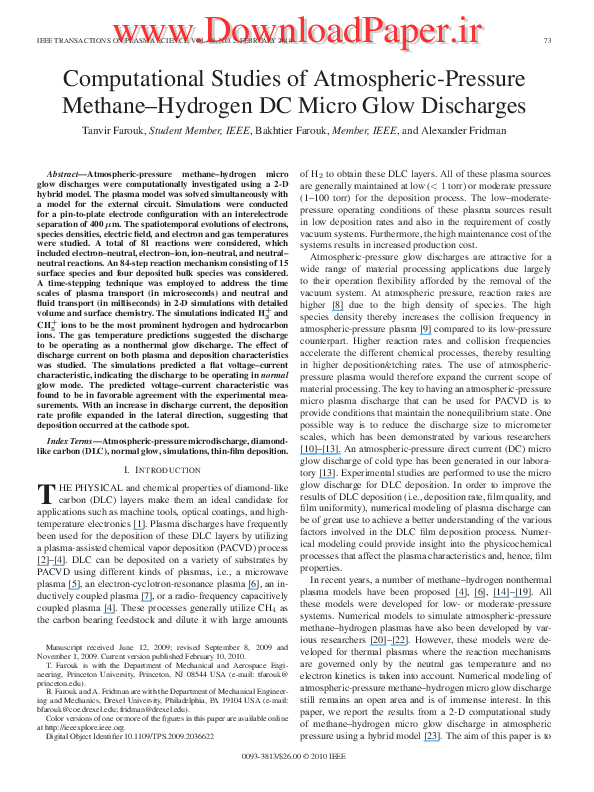 (PDF) Computational Studies of AtmosphericPressure MethaneHydrogen DC