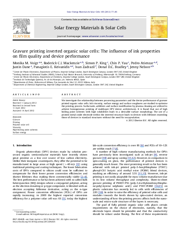 (PDF) Gravure printing inverted organic solar cells The influence of ink properties on film