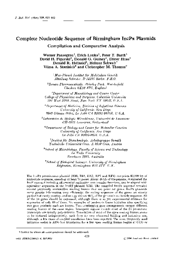 (PDF) Complete Nucleotide Sequence of Birmingham IncPα Plasmids
