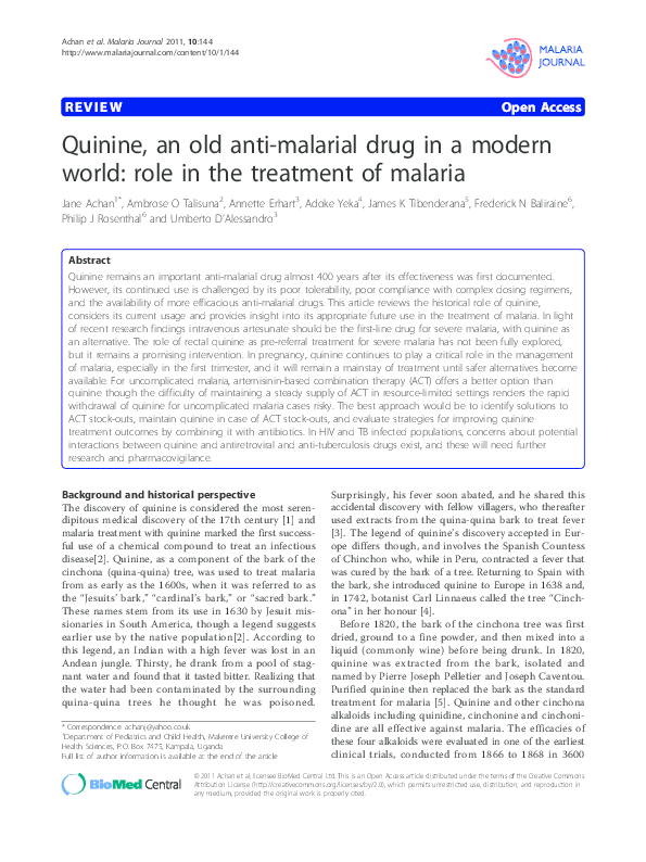 (PDF) Quinine, an old antimalarial drug in a modern world role in the