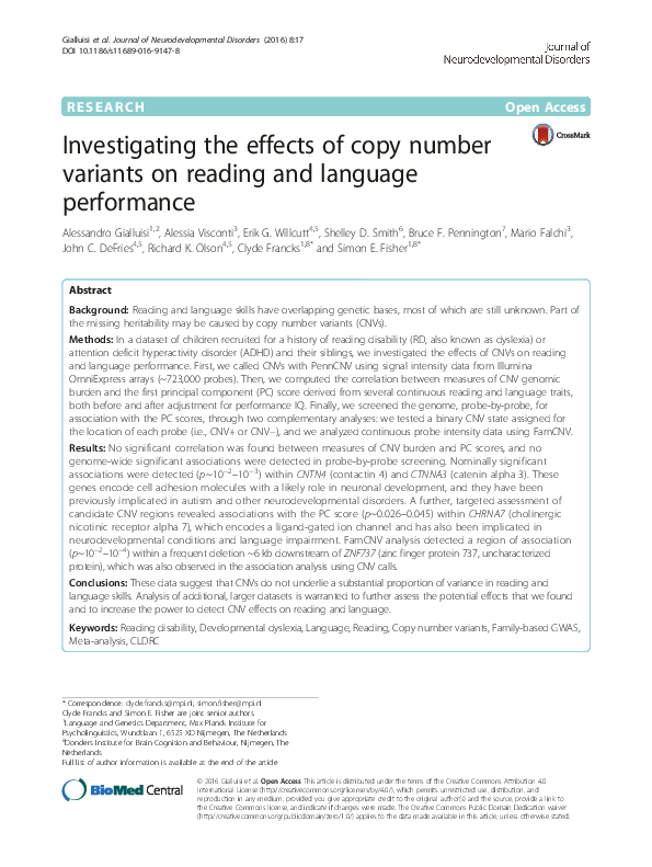 (PDF) Investigating the effects of copy number variants on reading and ...