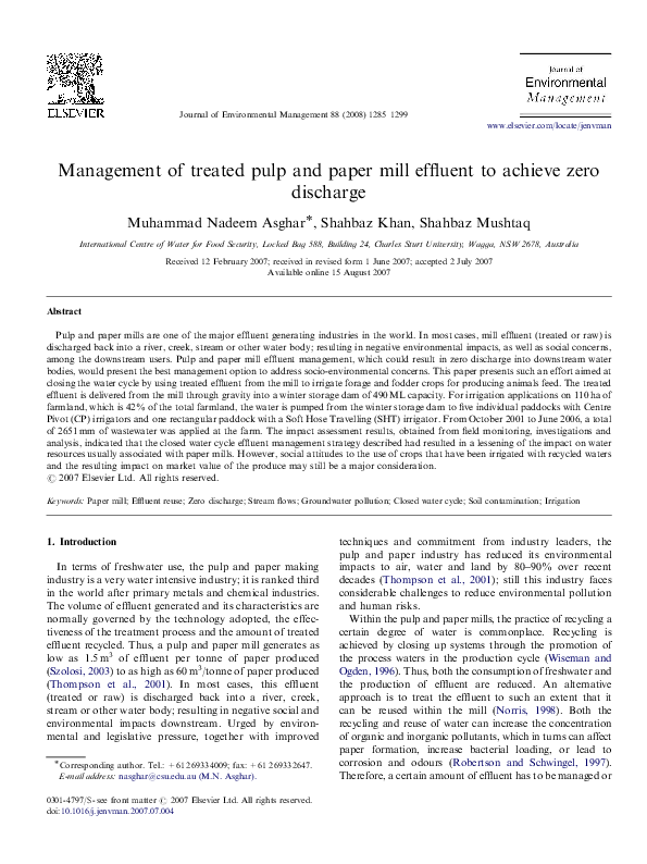 (PDF) Management of treated pulp and paper mill effluent to achieve ...