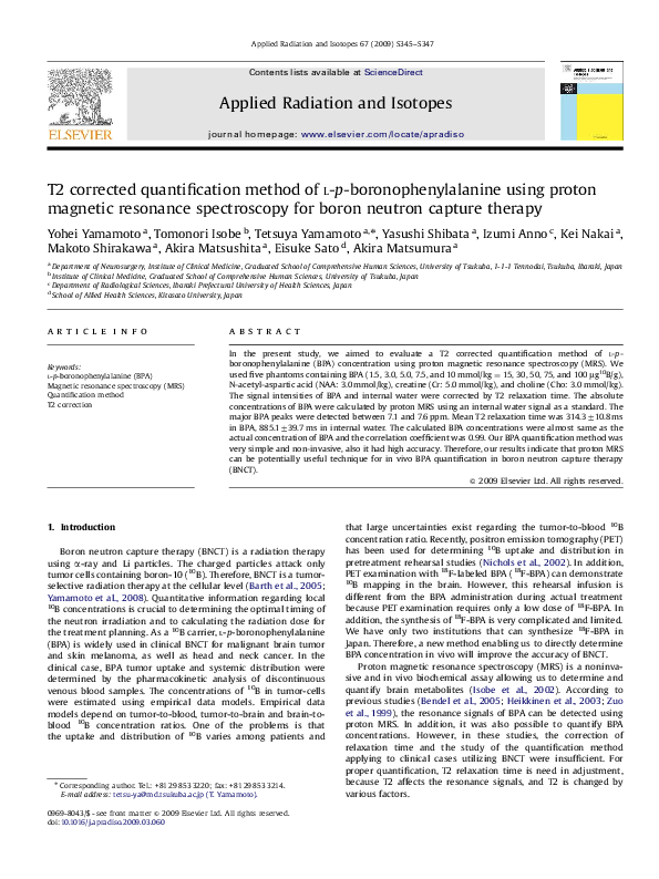 T2 corrected quantification method of l-p-boronophenylalanine using proton magnetic resonance spectroscopy for boron neutron capture therapy