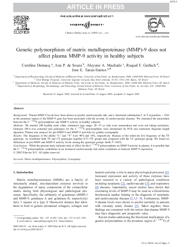 (PDF) Genetic polymorphism of matrix metalloproteinase (MMP)-9 does not ...