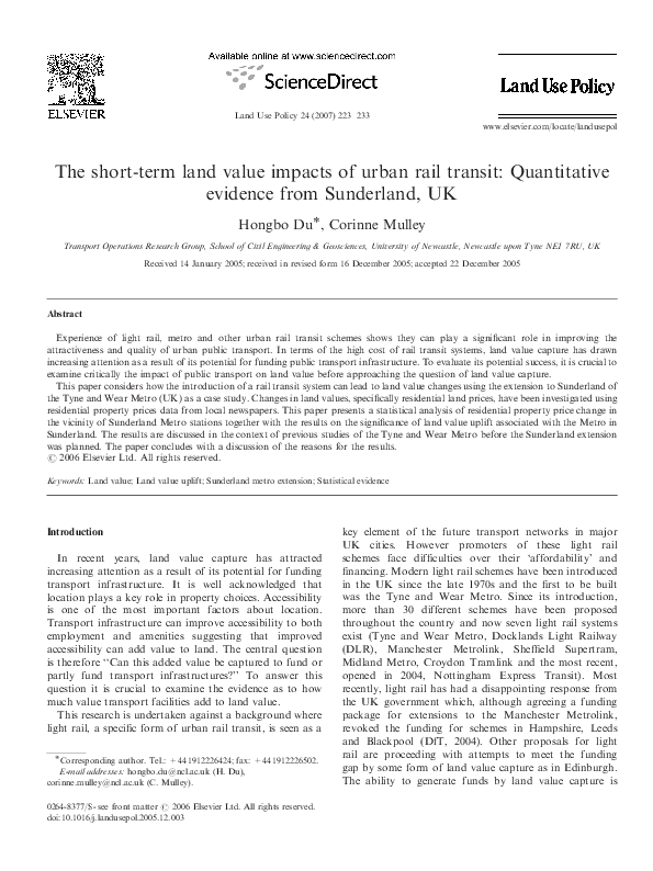 (PDF) The short-term land value impacts of urban rail transit ...