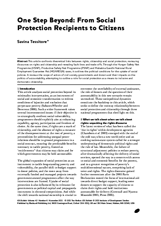(PDF) One Step Beyond: from social protection recipients to citizens