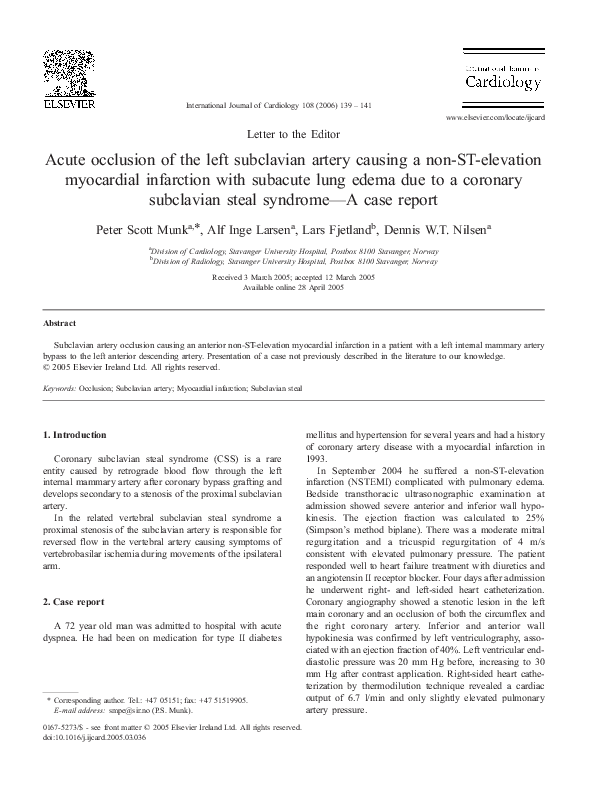 (PDF) Acute occlusion of the left subclavian artery causing a non-ST ...