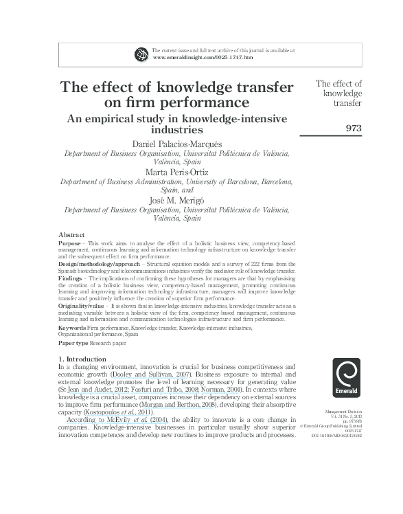 (PDF) The effect of knowledge transfer on firm performance: An ...