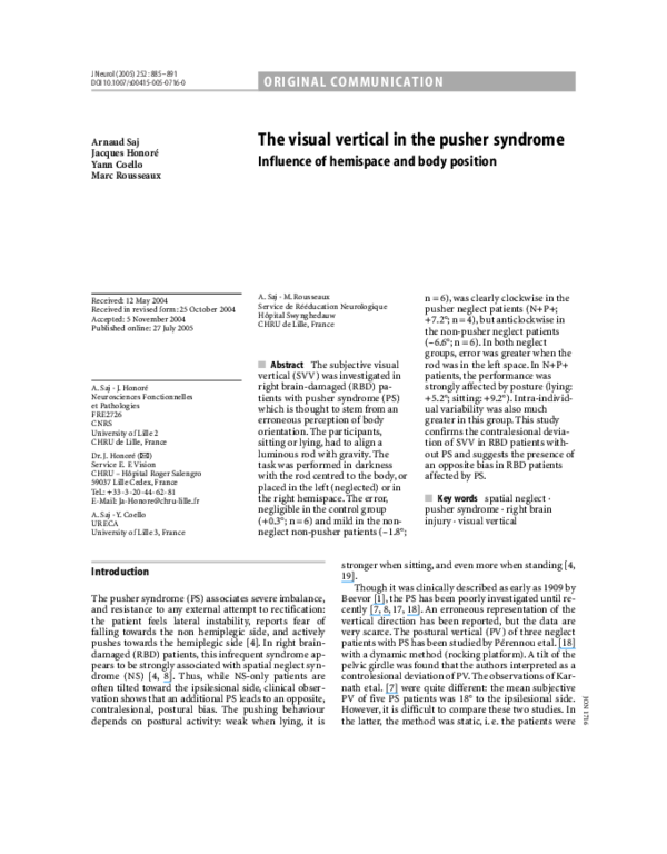 (PDF) The visual vertical in the pusher syndrome: influence of ...