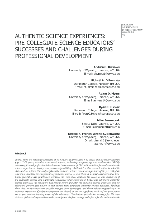 (PDF) Authentic Science Experiences: Pre-collegiate Science Educators ...