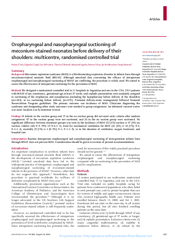 (PDF) Oropharyngeal and Nasopharyngeal Suctioning of Meconium-Stained ...