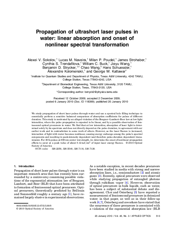 (PDF) Propagation of ultrashort laser pulses in water: linear ...