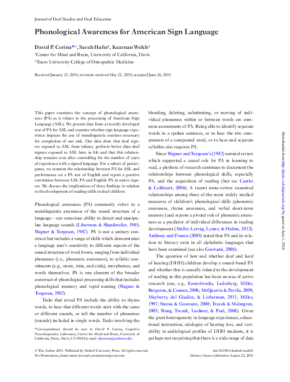 (PDF) Phonological awareness for american sign language