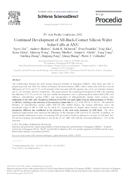 (PDF) Continued Development of All-Back-Contact Silicon Wafer Solar ...