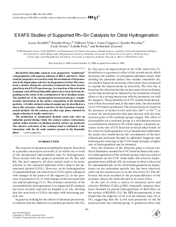 (PDF) EXAFS Studies of Supported Rh–Sn Catalysts for Citral Hydrogenation