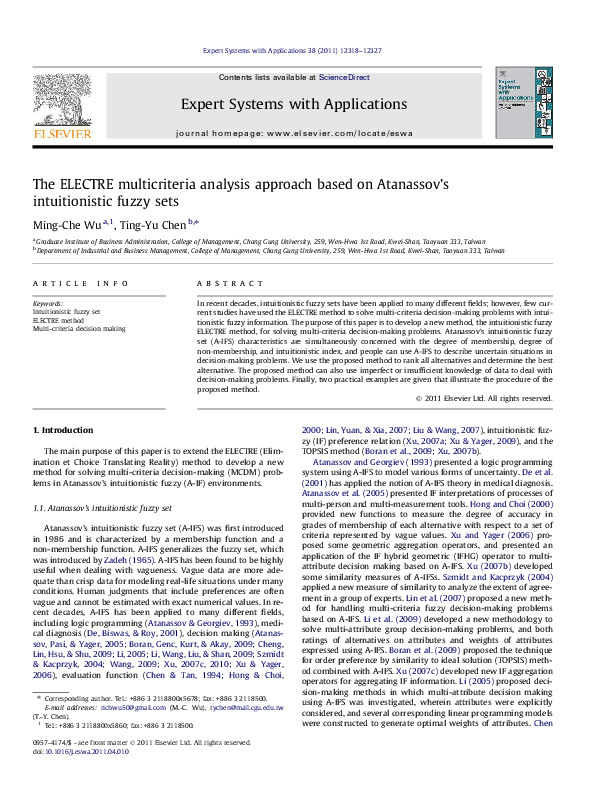 (PDF) The ELECTRE multicriteria analysis approach based on Atanassov’s ...