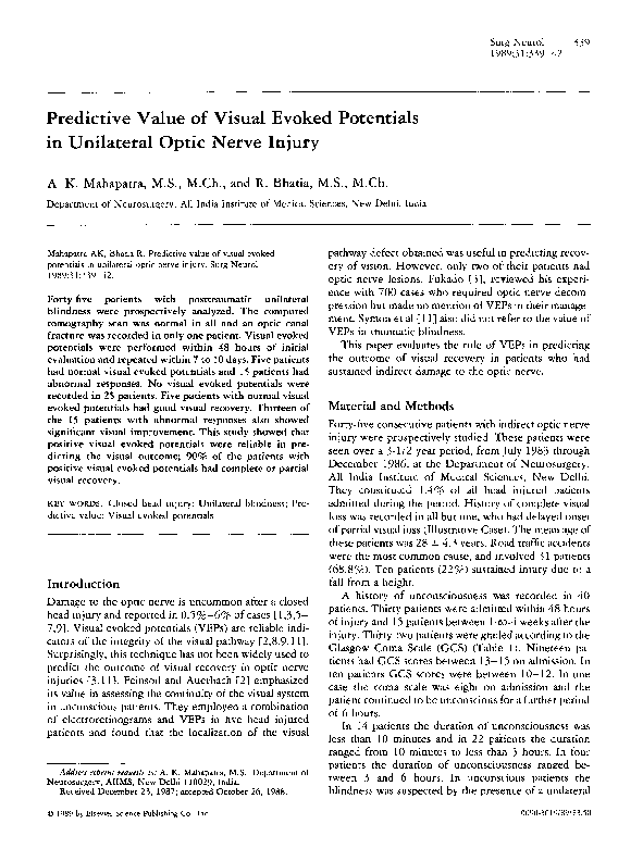 (PDF) Predictive value of visual evoked potentials in unilateral optic ...