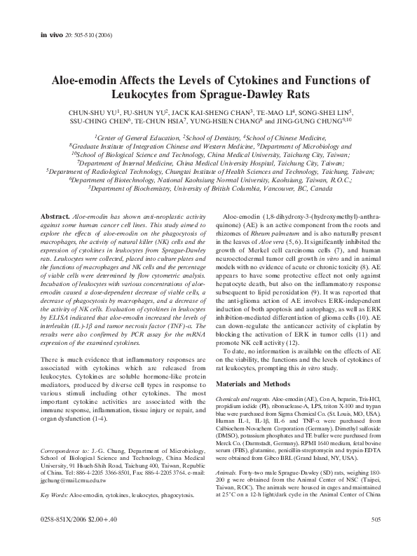 (PDF) Aloe-emodin affects the levels of cytokines and functions of ...