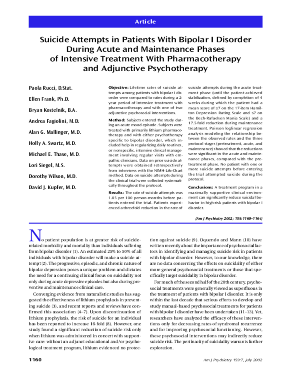(PDF) Suicide Attempts in Patients With Bipolar I Disorder During Acute ...