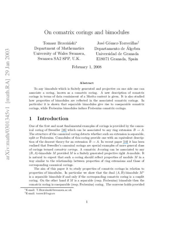 (PDF) On Comatrix Corings and Bimodules