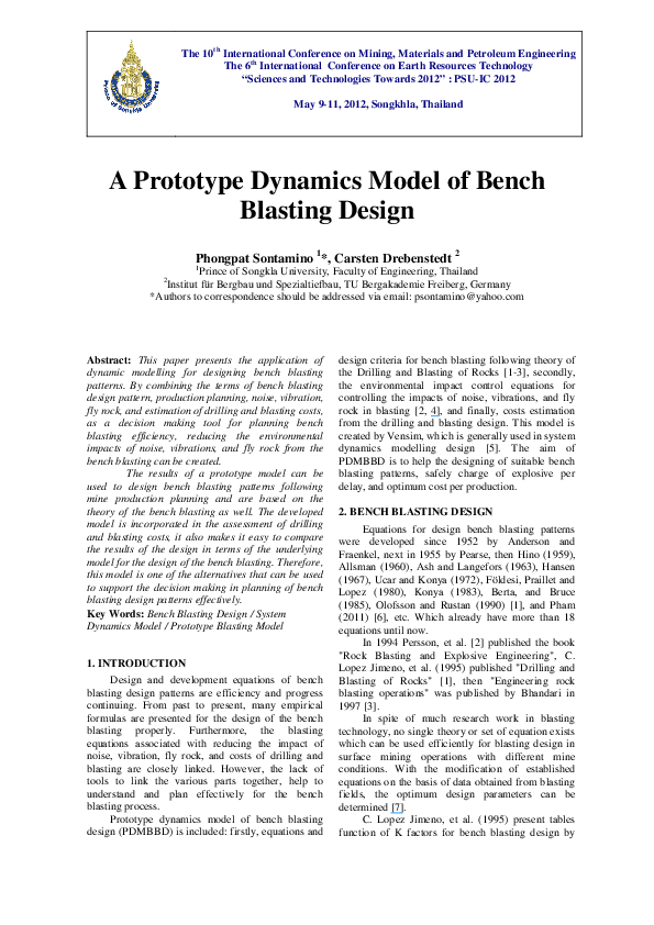 (PDF) A Prototype Dynamics Model of Bench Blasting Design Presentation