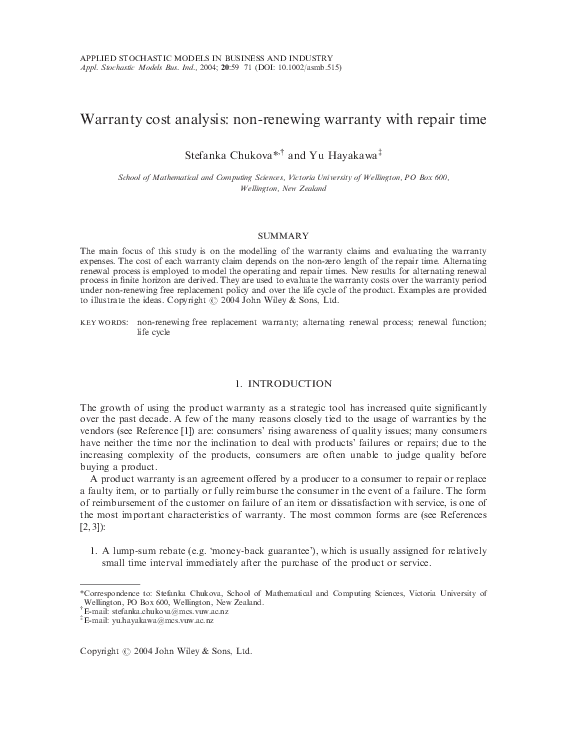 (PDF) Warranty cost analysis nonzero repair time Stefanka Chukova