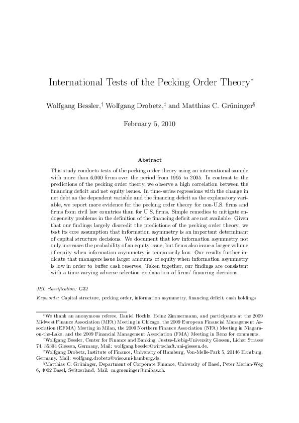 (PDF) International Tests of the Pecking Order Theory Wolfgang