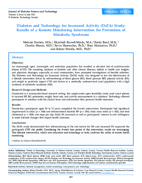 Journal Of Diabetes Science And Technology (PDF) Diabetes and Technology for Increased Activity (DaTA) Study