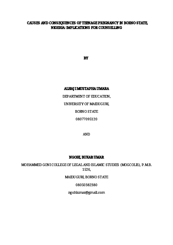 (PDF) CAUSES AND CONSEQUENCIES OF TEENAGE PREGNANCY IN BORNO STATE