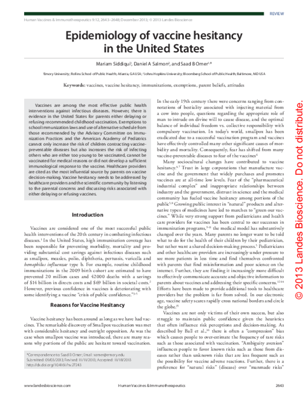 (PDF) Epidemiology of vaccine hesitancy in the United States