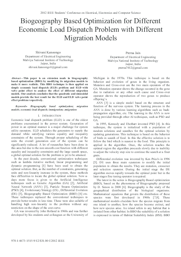 (PDF) Biogeography Based Optimization for Different Economic Load ...