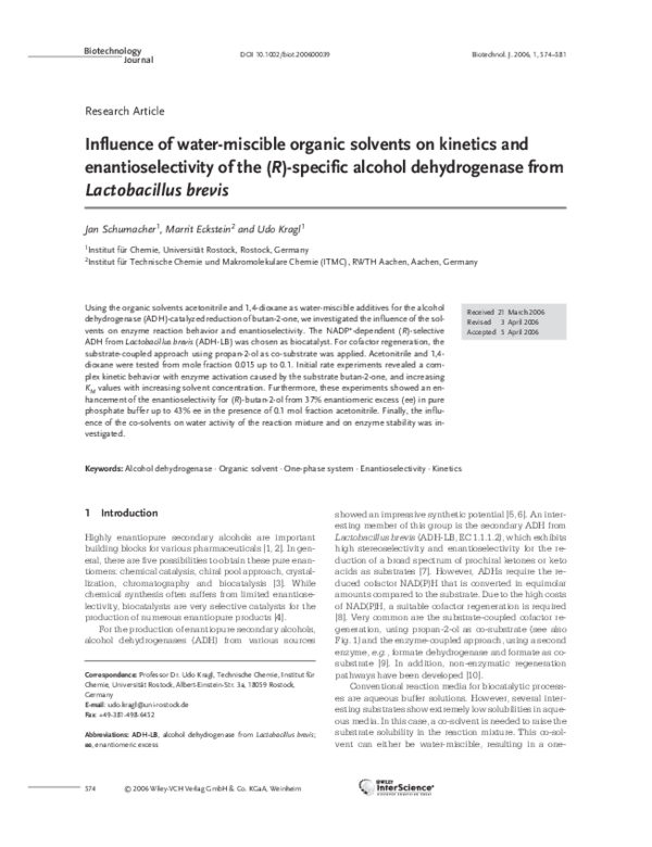 (PDF) Influence of watermiscible organic solvents on and enantioselectivity of the (R