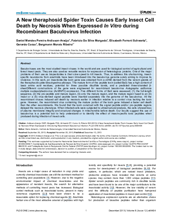 (PDF) A New theraphosid Spider Toxin Causes Early Insect Cell Death by ...