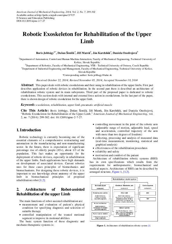 (PDF) Robotic Exoskeleton for Rehabilitation of the Upper Limb