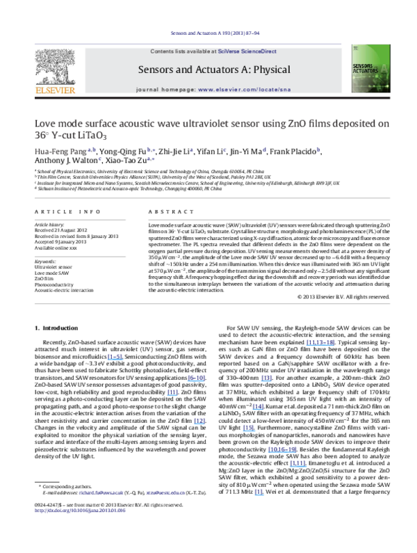 (PDF) Love mode surface acoustic wave ultraviolet sensor using ZnO ...