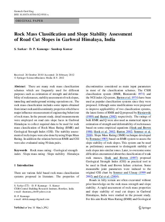 (PDF) Rock Mass Classification and Slope Stability Assessment of Road ...
