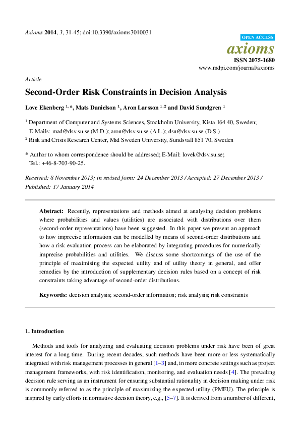 (PDF) Second-Order Risk Constraints in Decision Analysis