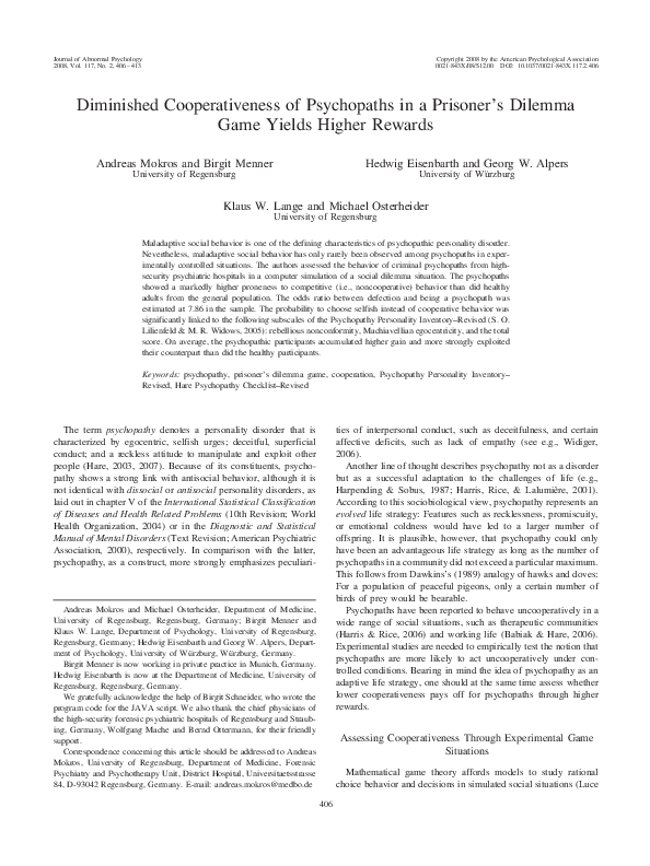 (PDF) Diminished cooperativeness of psychopaths in a prisoner's dilemma ...