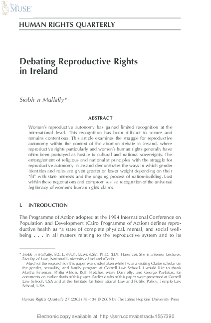(PDF) HUMAN RIGHTS QUARTERLY Debating Reproductive Rights in Ireland