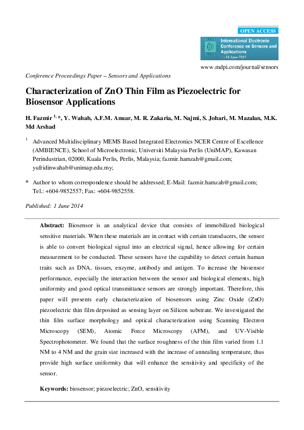 (PDF) Characterization of ZnO Thin Film as Piezoelectric for Biosensor ...