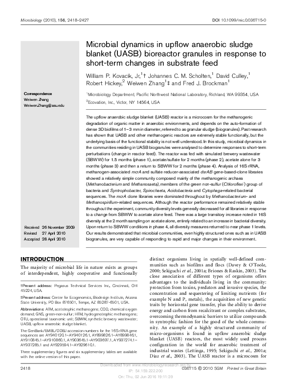 (PDF) Microbial dynamics in upflow anaerobic sludge blanket (UASB) bioreactor granules in
