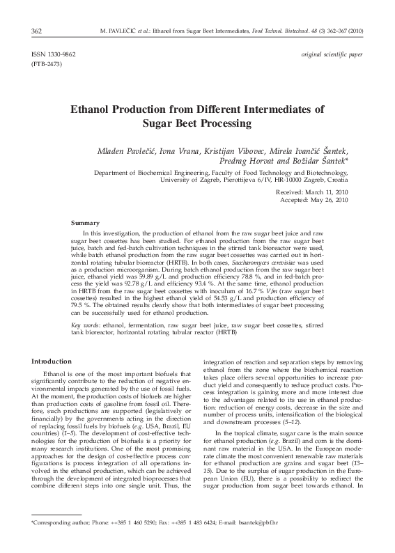 (PDF) Ethanol Production from Different Intermediates of Sugar Beet ...