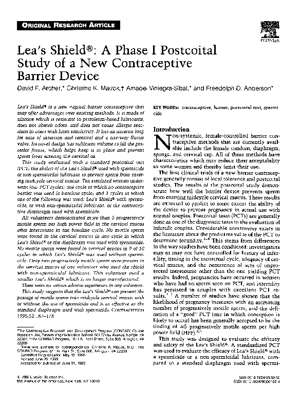 (PDF) Lea's Shield®: A phase I postcoital study of a new contraceptive ...
