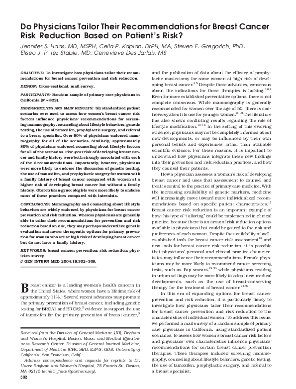 (PDF) Do physicians tailor their recommendations for breast cancer risk ...