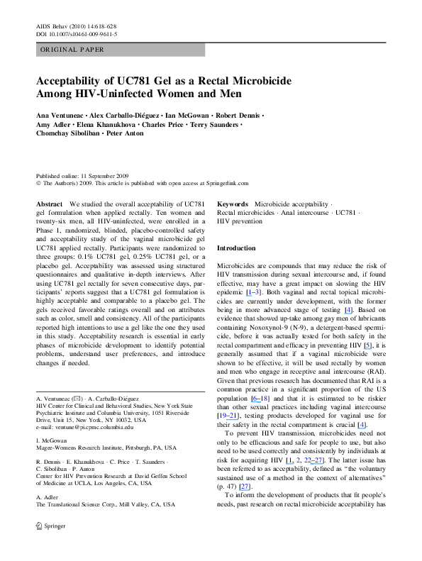 (PDF) Acceptability of UC781 Gel as a Rectal Microbicide Among HIV ...