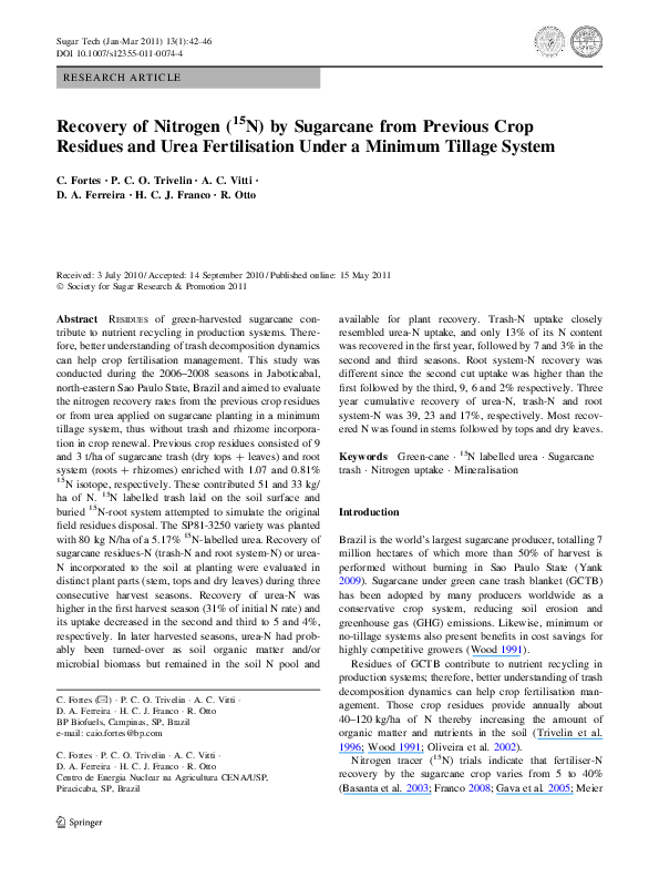 (PDF) Recovery of Nitrogen ( 15 N) by Sugarcane from Previous Crop ...