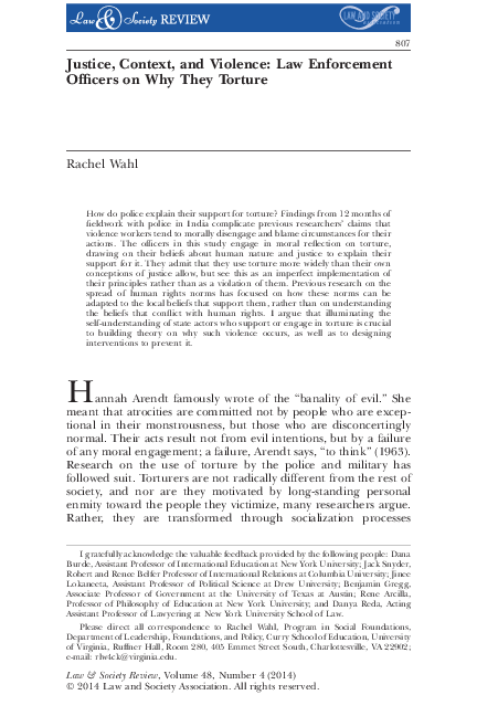 First page of “Wahl, R. (2014). Justice, Context, and Violence: Law Enforcement Officers on Why They Torture. Law & Society Review, 48(4), 807-836.”