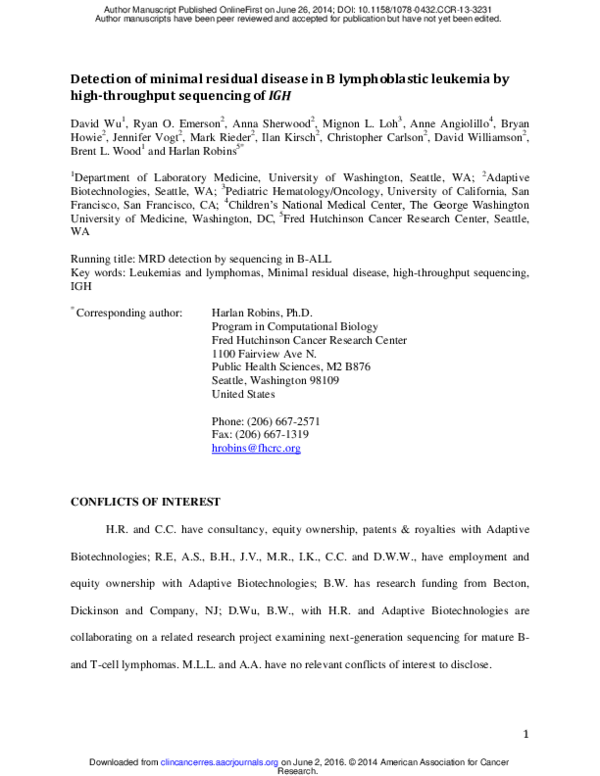 (PDF) Detection of minimal residual disease in B lymphoblastic leukemia ...